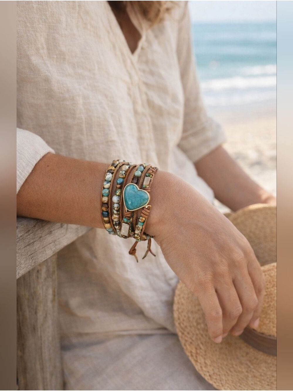Auraglee Turquoise Heart Wrap Bracelet Boho Gemstone Leather NIB - Picture 2 of 5